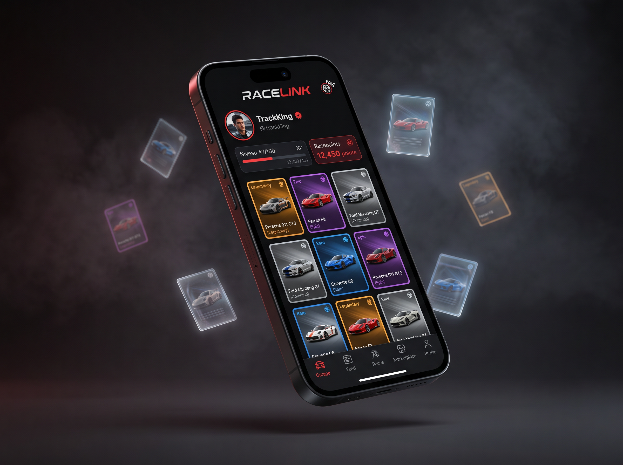Application RaceLink : profil niveau 47/100, compteur de Racepoints et collection de cartes virtuelles