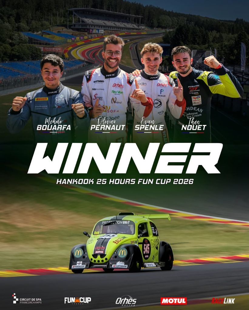 Affiche WINNER — victoire aux Hankook 25 Hours Fun Cup 2026 à Spa-Francorchamps avec les pilotes Mehdi Bouarfa, Olivier Pernaut, Evan Spenlé et Théo Nouet